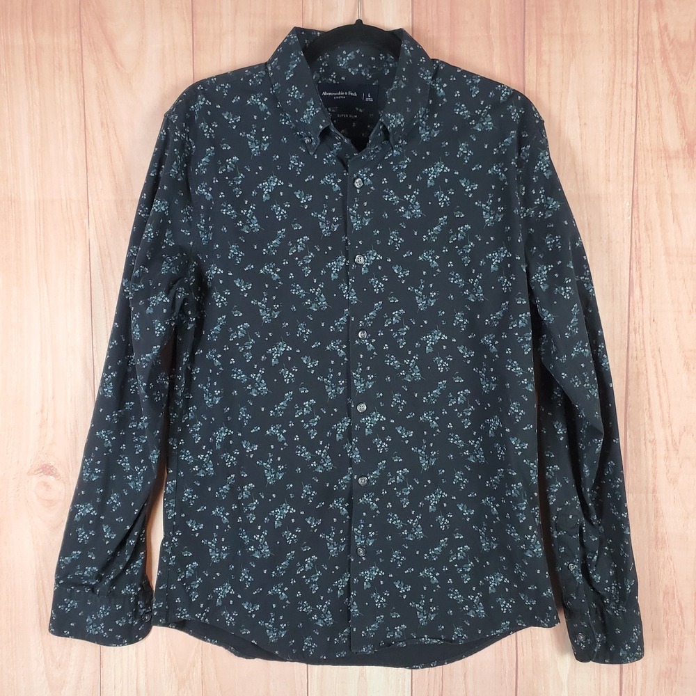 Abercrombie & Fitch Mens Shirt Large Black Floral‎ Stretch Slim Fit Button-Down